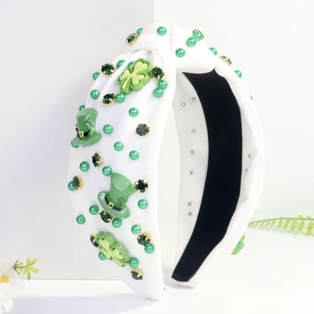 Festive Green and White Embellished Headband For Saint Patrick's Day!